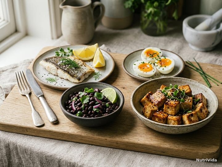 Tábua de madeira com filé de peixe grelhado, ovos cozidos, tigela de feijão preto e cubos de tofu dourado — fontes de proteína na mesa
