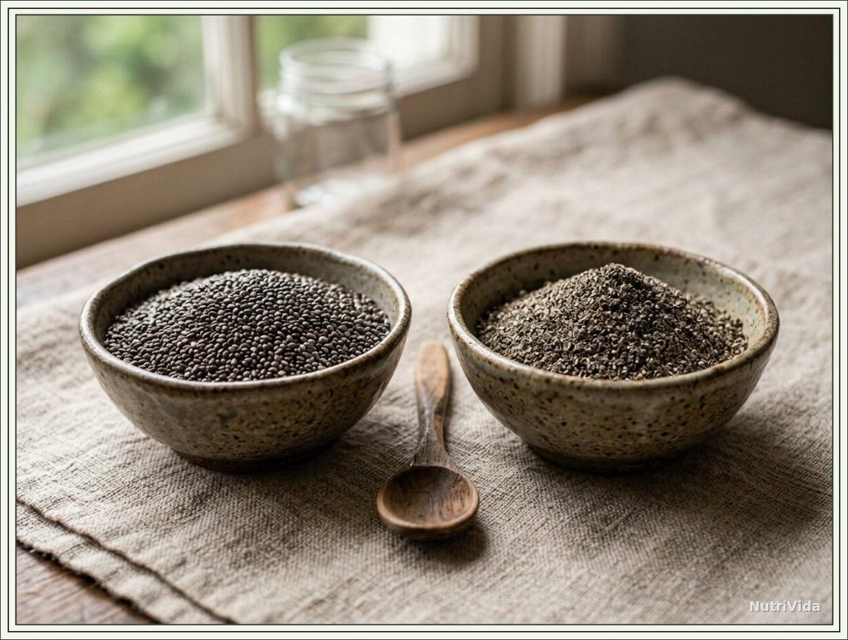 Duas tigelas de cerâmica rústica sobre linho bege: uma com sementes de chia inteiras e outra com a farinha de chia moída, com colher de madeira ao lado