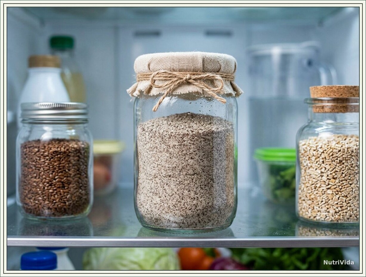 Pote de vidro com farinha de chia fechado com tampa de tecido, guardado na geladeira ao lado de outros potes de sementes