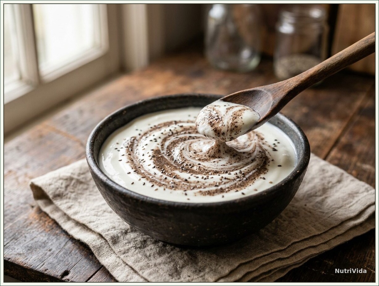 Tigela de iogurte com farinha de chia mexida e algumas sementes inteiras por cima, com colher de madeira ao lado