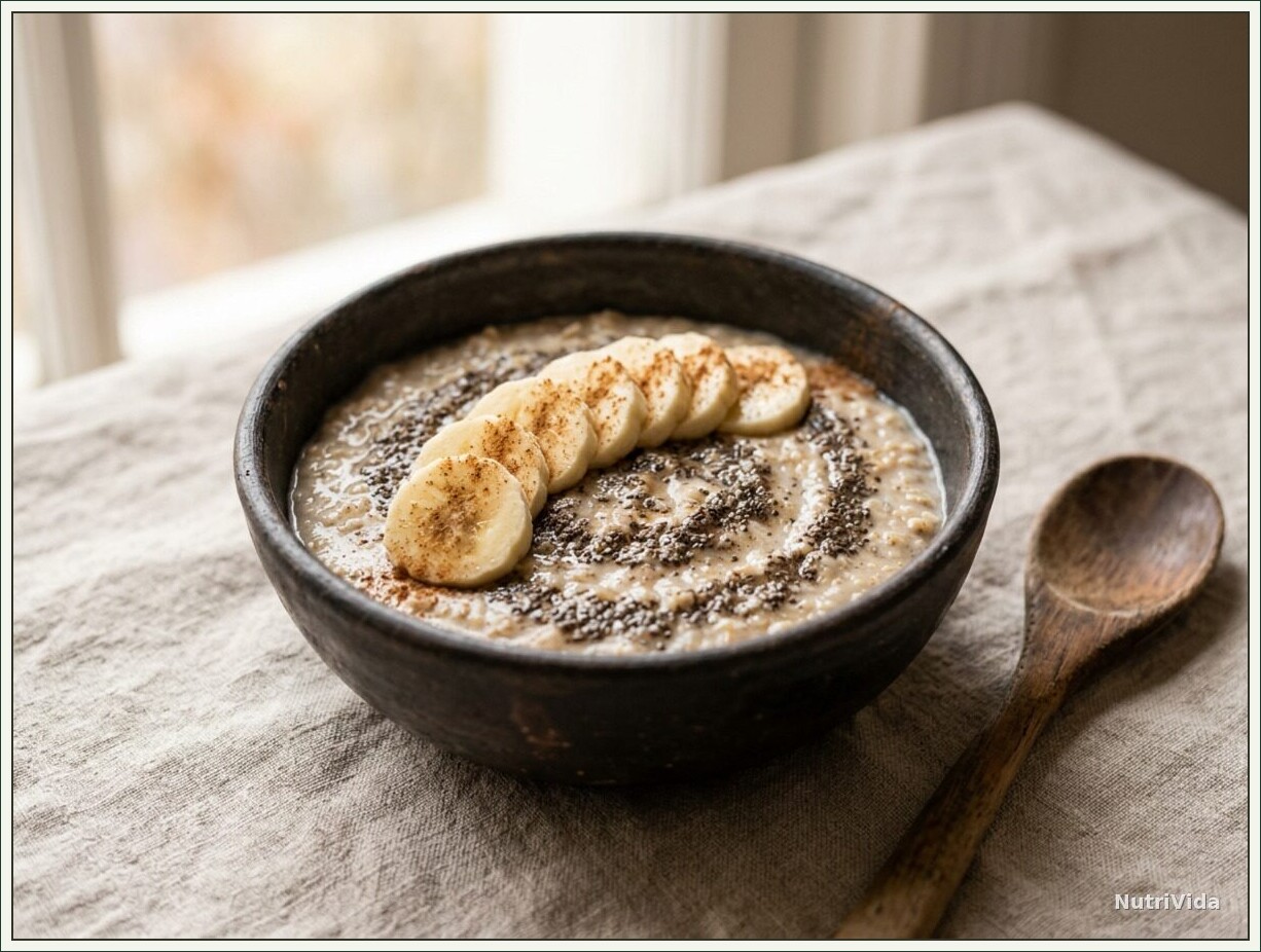 Tigela de mingau de aveia com farinha de chia finalizado com rodelas de banana e canela