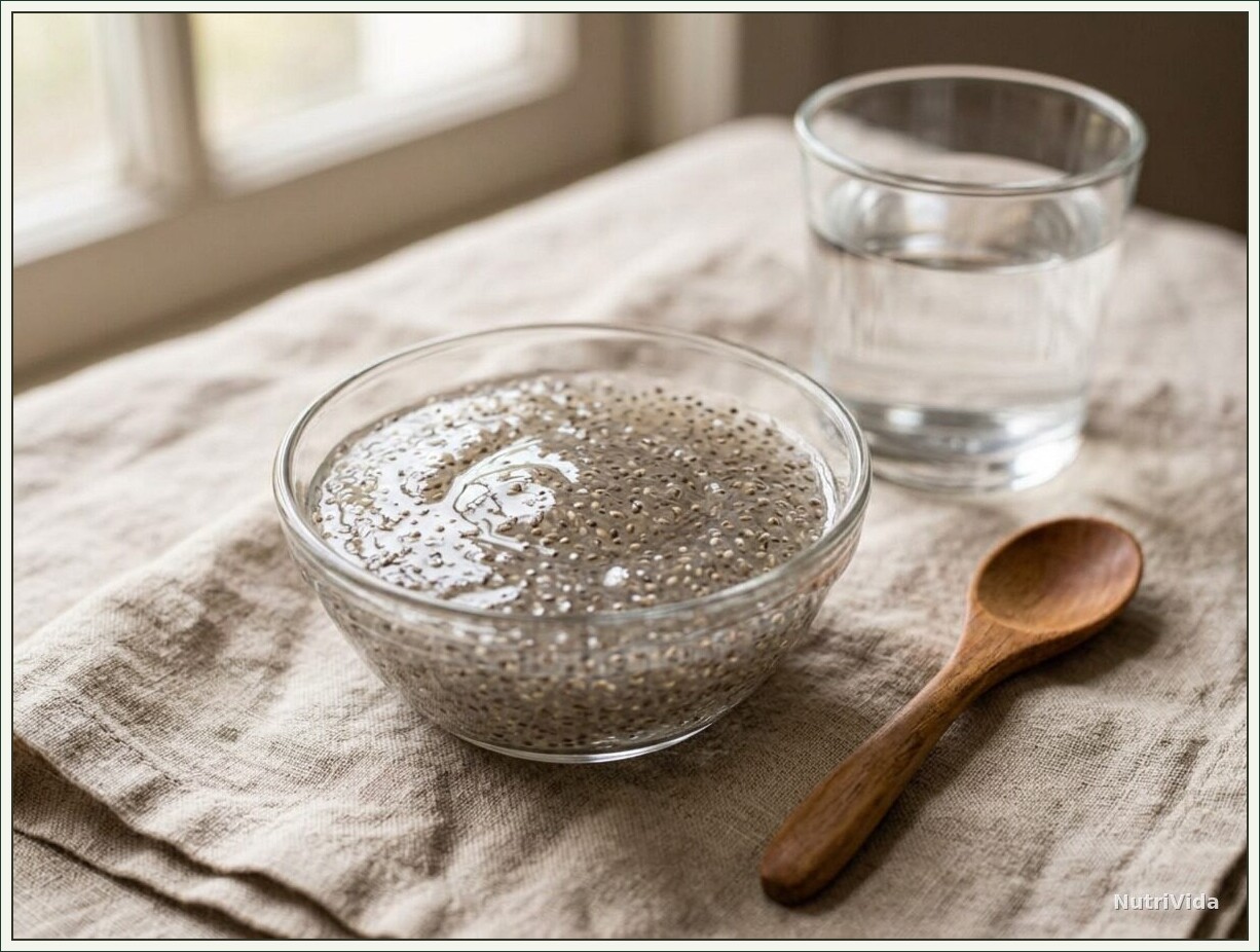 Ovo de chia em tigela de vidro: a farinha de chia misturada com água formando um gel espesso e homogêneo