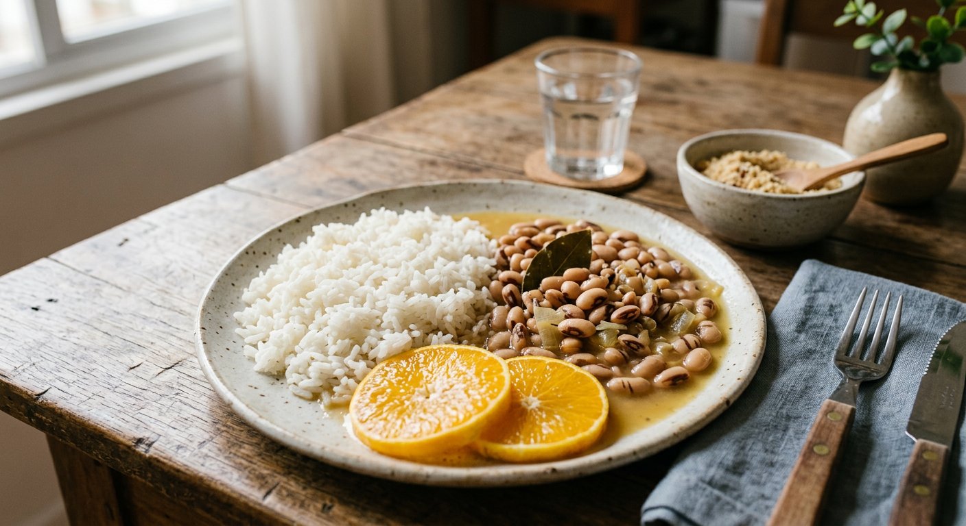 Prato de cerâmica rústica com arroz branco de um lado e feijão carioca no caldo do outro, com fatias de laranja, sobre mesa de madeira