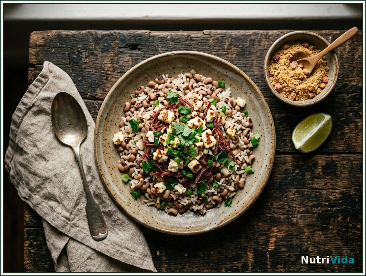 Prato de baião de dois com feijão mulatinho, arroz, queijo coalho e carne-seca, servido com farofa e limão