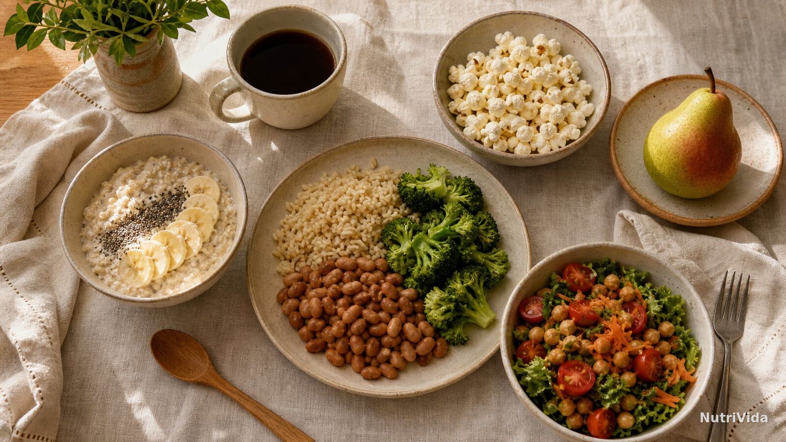 Mesa com aveia, arroz integral, feijão, brócolis, pipoca, pera e salada de grão-de-bico