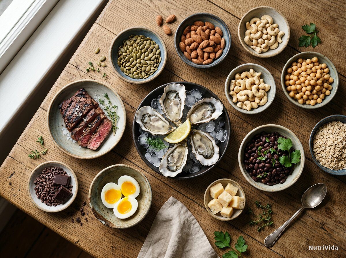 15 alimentos ricos em zinco: lista completa e quanto comer por dia — Foto: NutriVida Mesa de madeira clara com fontes de zinco: ostras frescas no gelo, carne bovina grelhada, sementes de abóbora, amêndoas, castanha de caju, grão-de-bico, feijão preto, ovo cozido, queijo curado, aveia e cacau