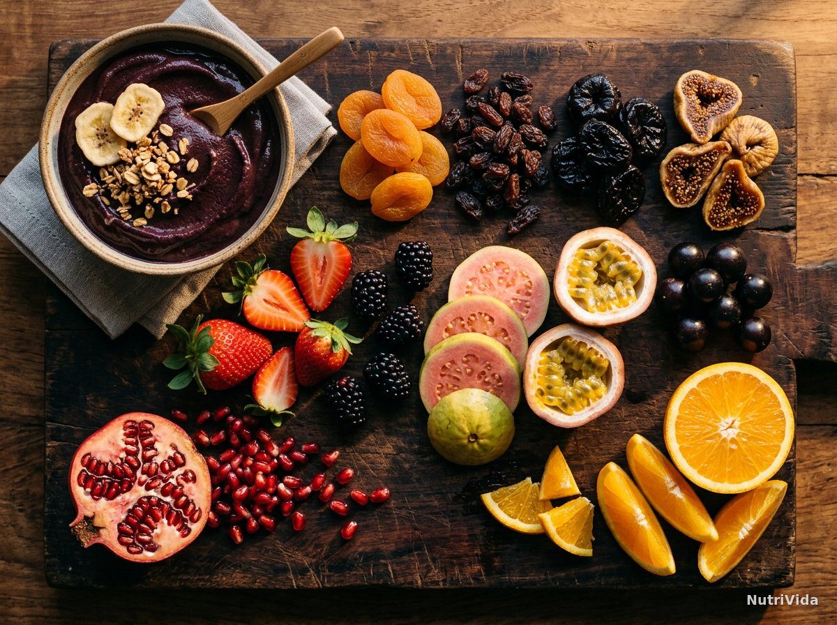 Tábua de madeira escura com frutas ricas em ferro: tigela de açaí, damasco seco, uva-passa, ameixa preta, figo seco, morango, amora, romã, goiaba fatiada, maracujá, jabuticaba e laranja cortada