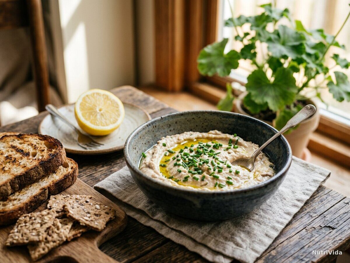 Tigela de cerâmica rústica com patê de atum cremoso, cebolinha picada e fio de azeite, ao lado de torradas e meio limão
