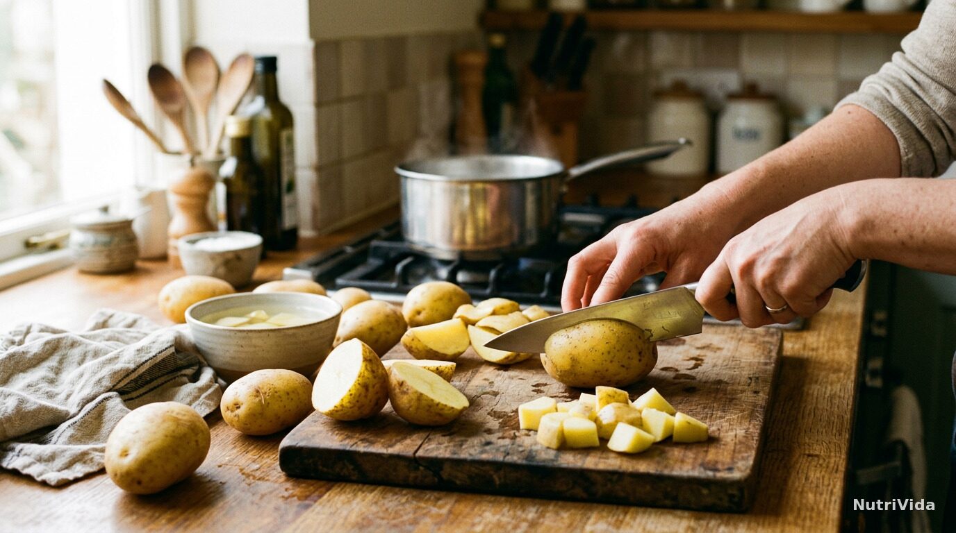 Batatas com casca sendo cortadas na tábua de madeira, com panela ao fogo no fundo, cena do preparo rico em fibras