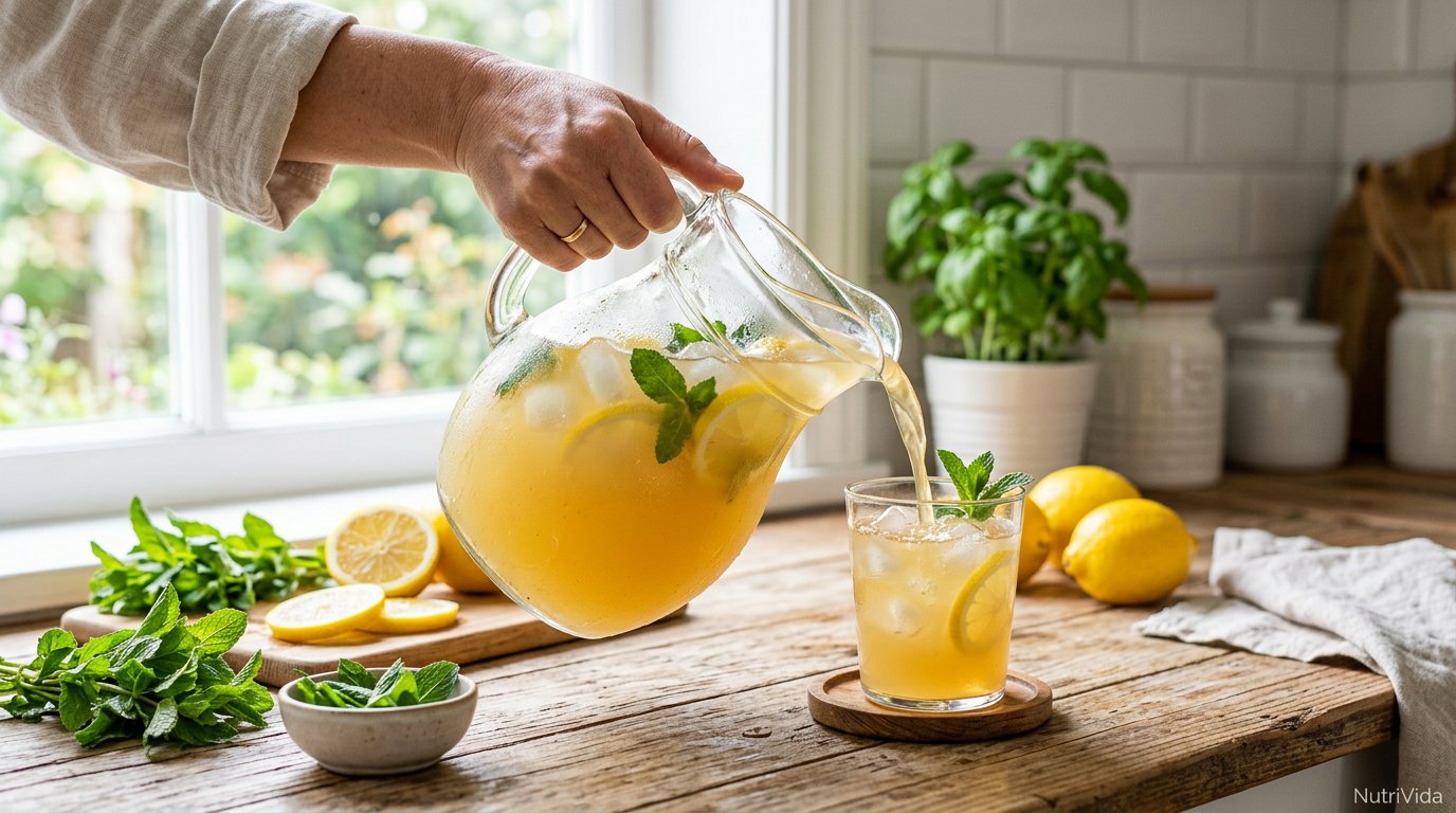 Jarra de limonada fresca com fatias de limão e hortelã sendo servida em um copo na cozinha