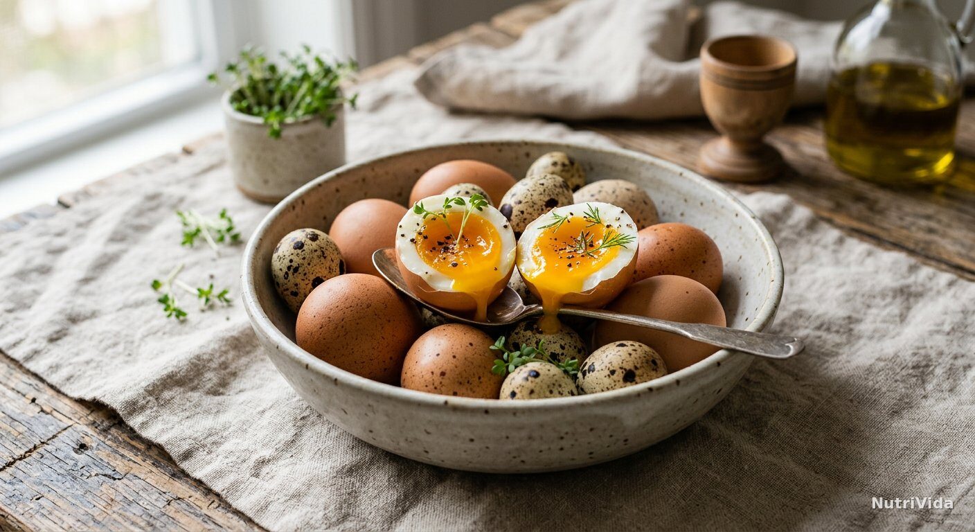 Ovos caipiras frescos em tigela rústica e ovo cozido cortado ao meio com gema cremosa e vibrante